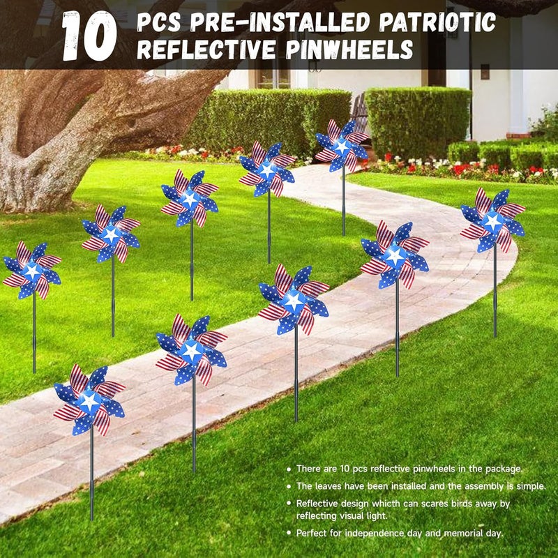 DECEED 10 PCS Reflective Pinwheels for Yard and Garden Bird Devices Pre-Installed Sparkly Wind Spinner Deterrent to Scare Birds Away from Yard Patio Farm (Red&White&Blue) - Image 2